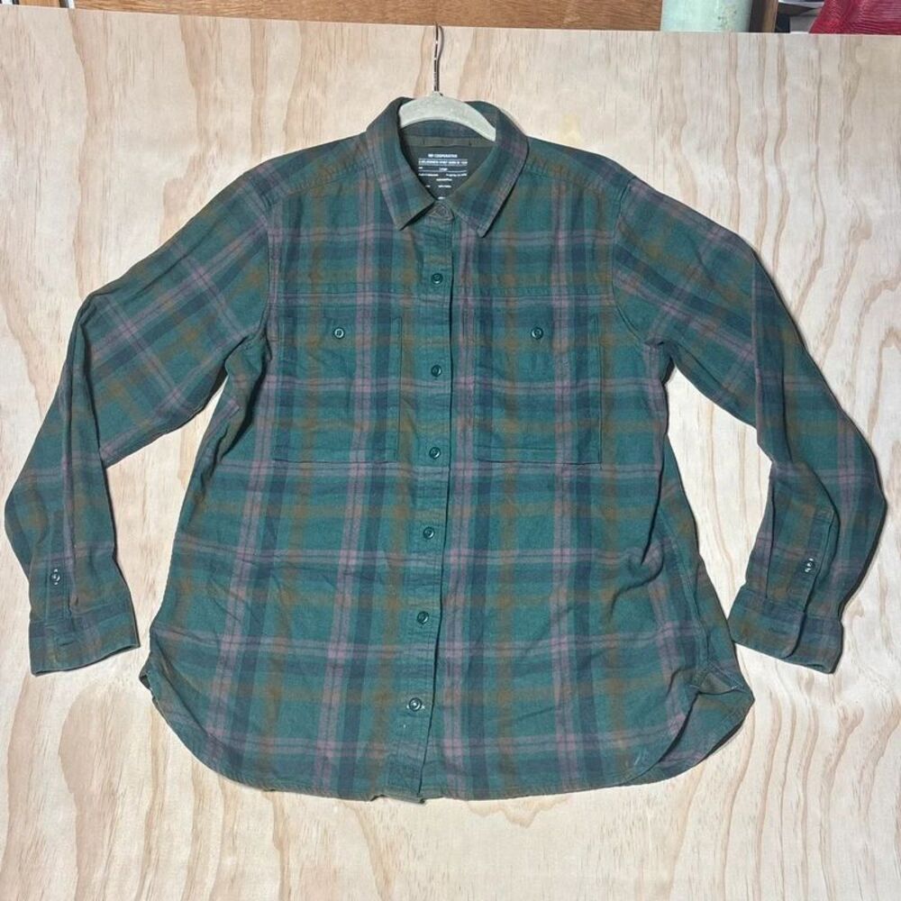 REI Co-op Shirt Women Large Green Cotton Plaid Flannel Gorpcore Hiking Outdoors